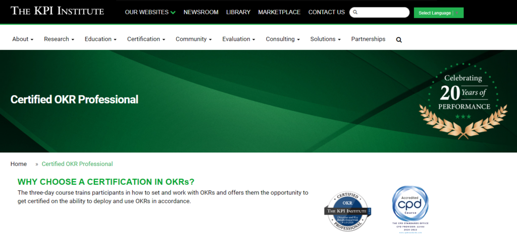 Certified OKR Professional page screenshot