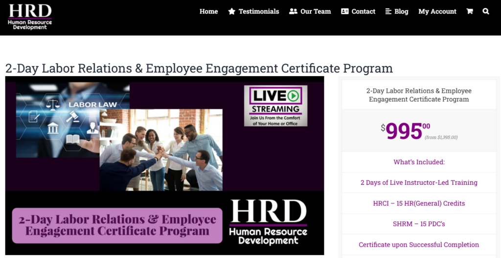 The 2-Day Labor Relations & Employee Engagement Certificate Program web page screenshot