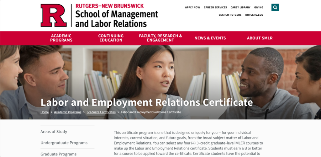 The Labor and Employment Relations Certificate web page screenshot