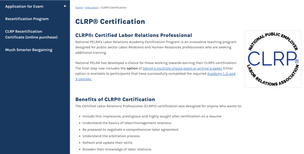 Screenshot of the CLRP® Certification page