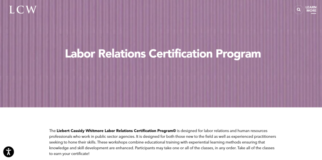 Screenshot of Labor Relations Certification Program web page