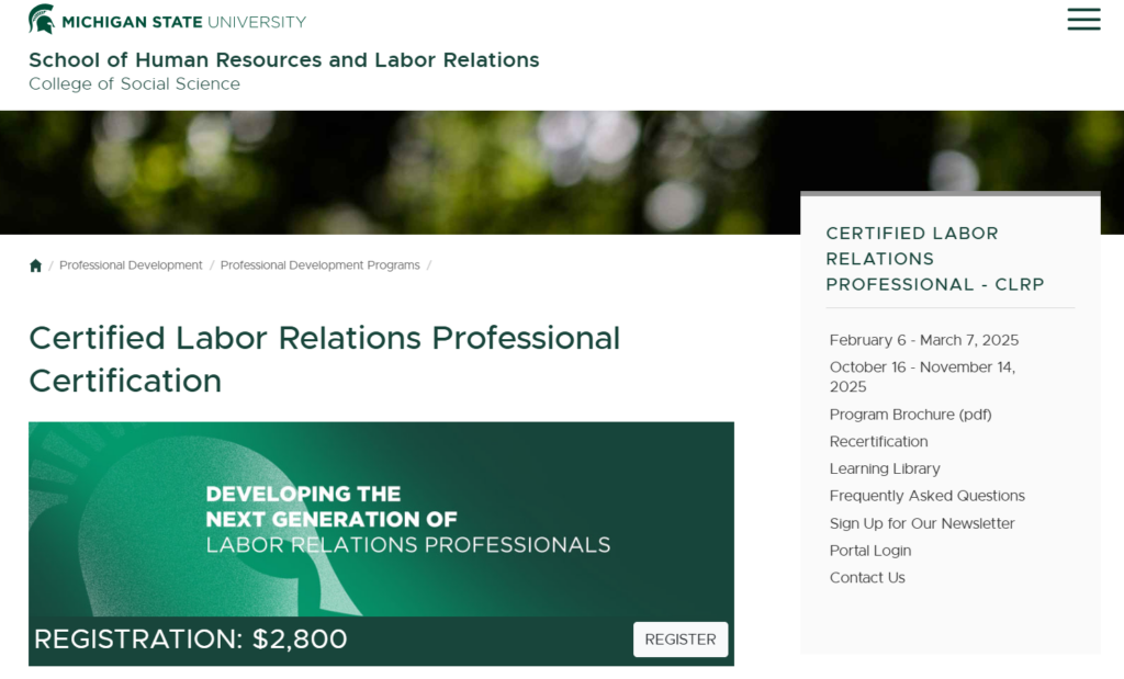 Screenshot of the Certified Labor Relations Professional web page