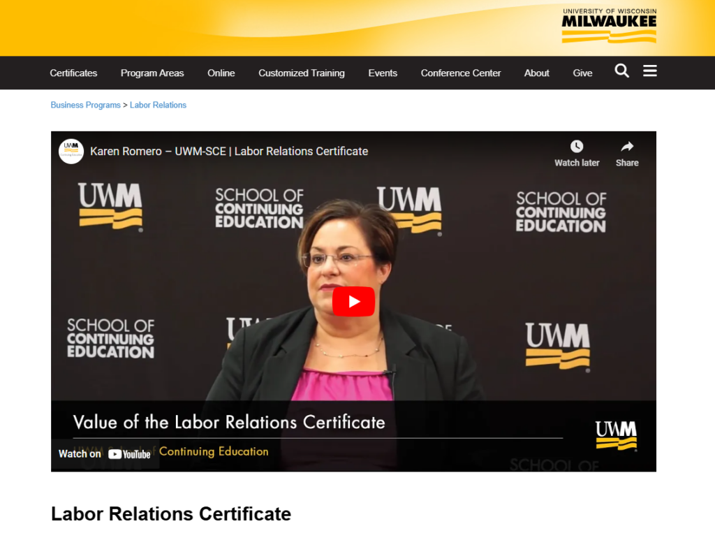 Screenshot of the Labor Relations Certificate landing page