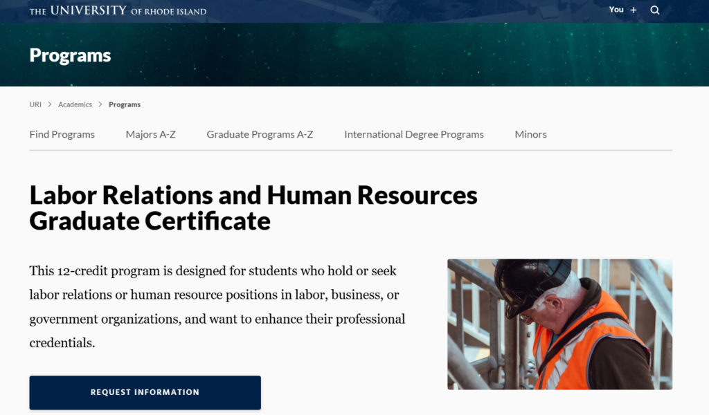 Screenshot of the Labor Relations and Human Resources Graduate Certificate web page