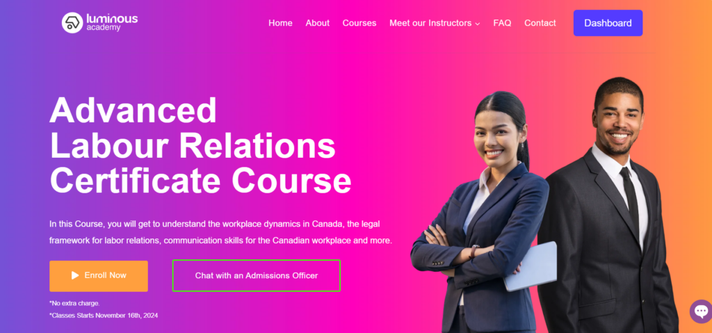 The Advanced Labour Relations Certificate Course web page screenshot
