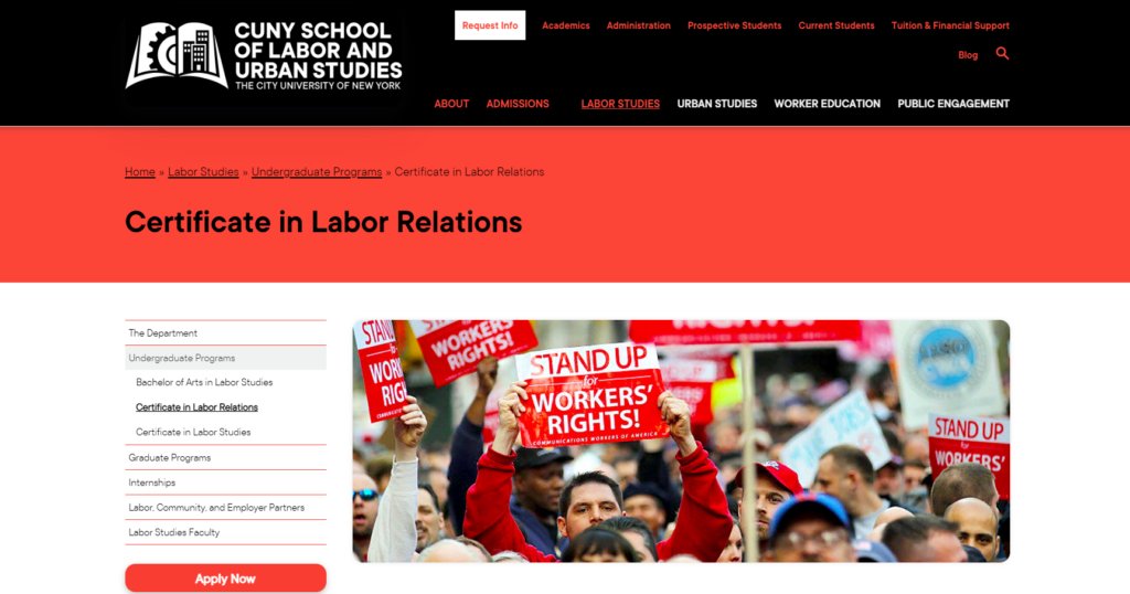 Screenshot of the Certificate in Labor Relations web page