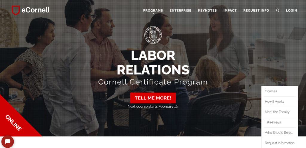 Screenshot of the Labor Relations certifications landing page