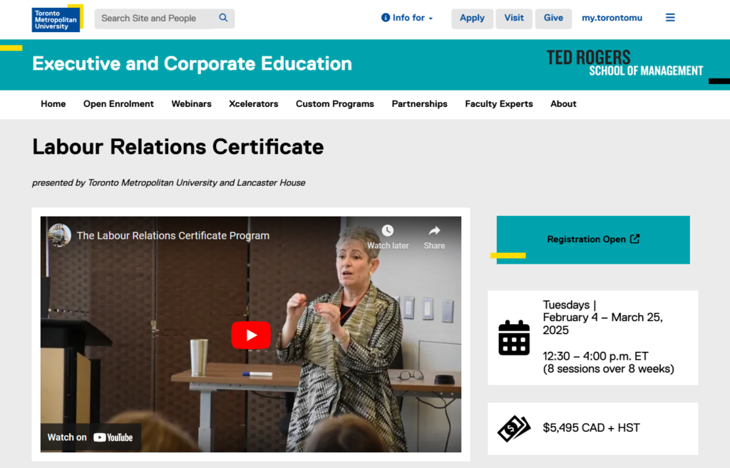 Screenshot of the Labour Relations Certificate landing page