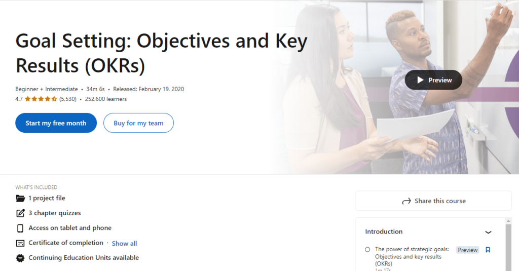 Goal Setting: Objectives and Key Results course screenshot