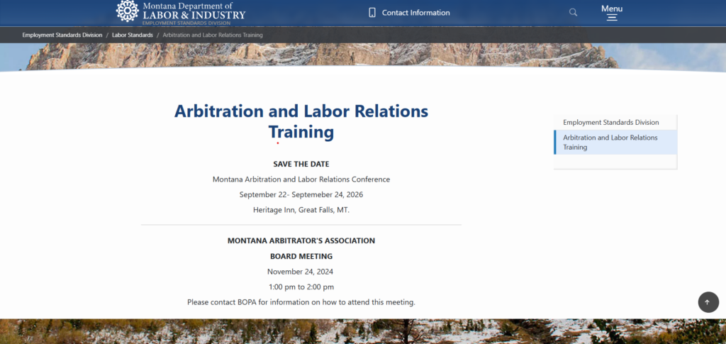 The homepage for the Montana Arbitration and Labor Relations Conference