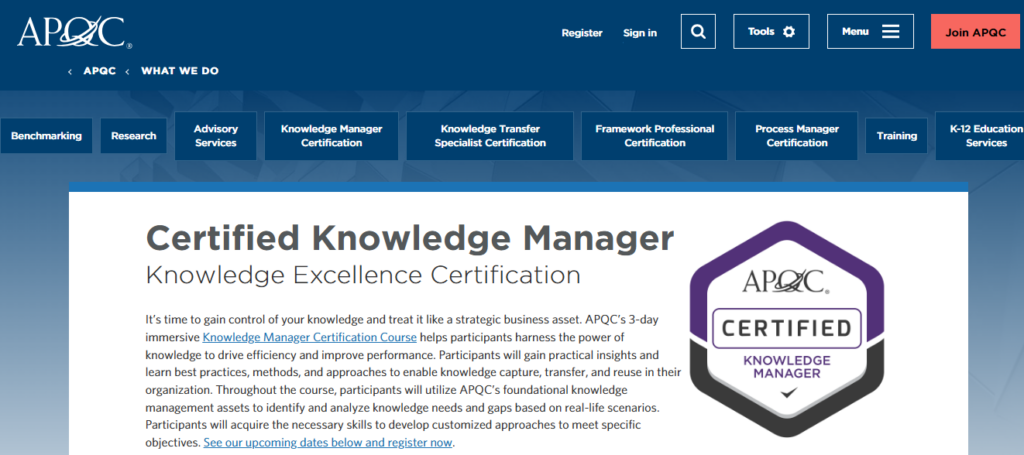 APQC: Knowledge Management Certification, a knowledge management certifications