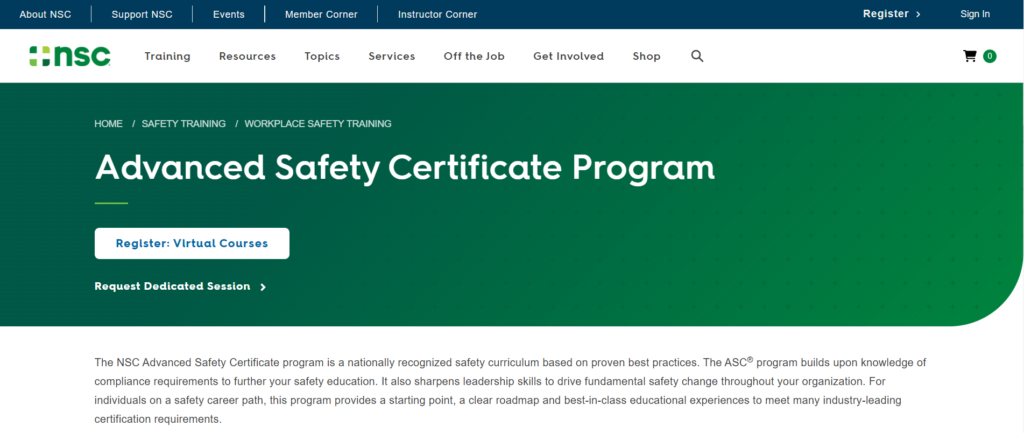 The Advanced Safety Certificate Program landing page