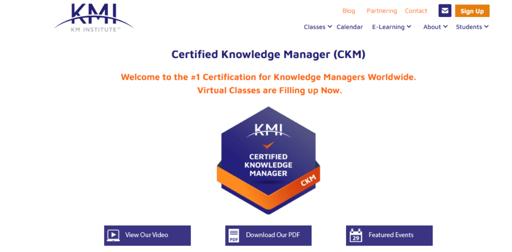 A screenshot of the KMI: Certified Knowledge Manager certification landing page