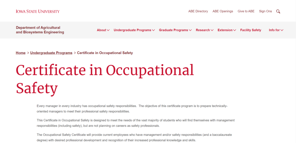 Certificate in Occupational Safety landing page