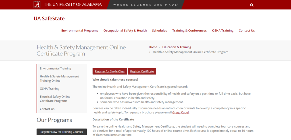 Health & Safety Management Online Certificate Program landing page