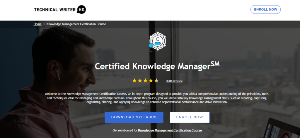 A screenshot of the landing page for the Knowledge Management Certification Course landing page
