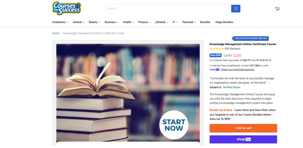A screenshot of the Knowledge Management Online Certificate Course landing page
