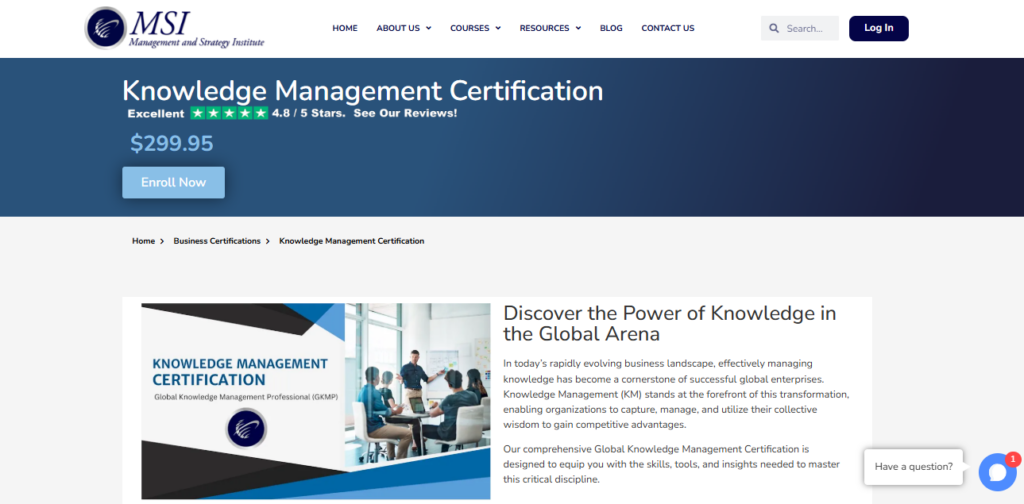 The MSI: Knowledge Management Certification landing page