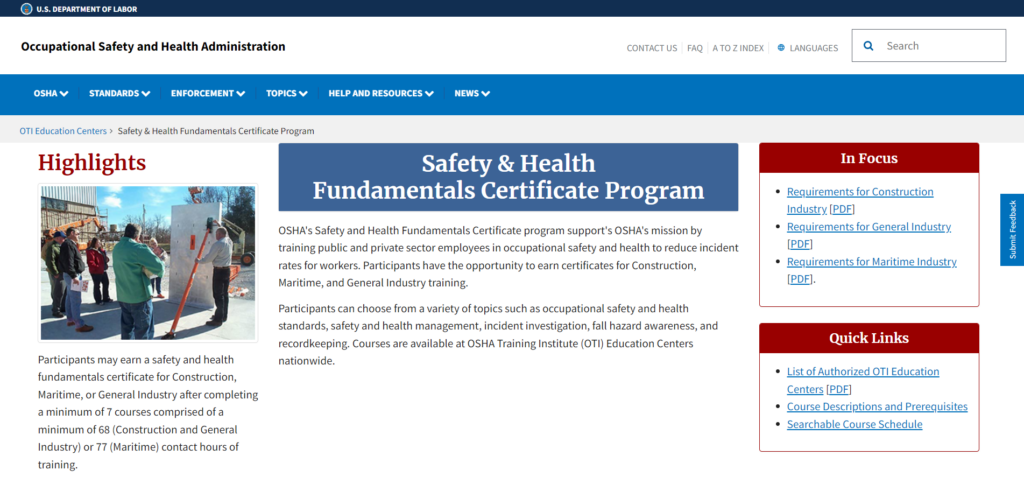 Safety & Health Fundamentals Certificate landing page