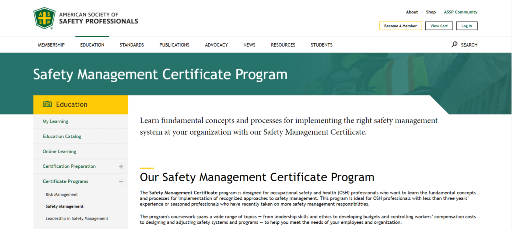 Safety Management Certificate Program landing page