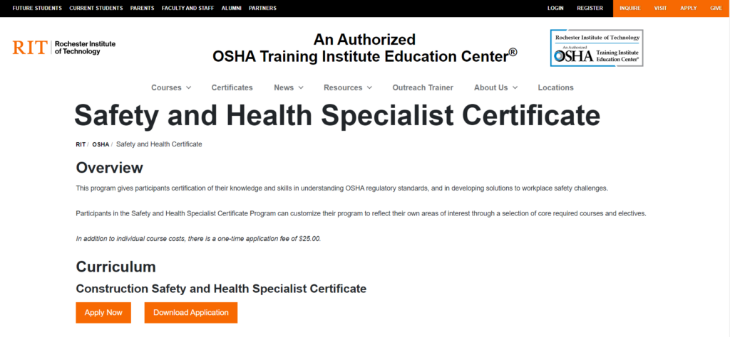 Safety and Health Specialist Certificate landing page