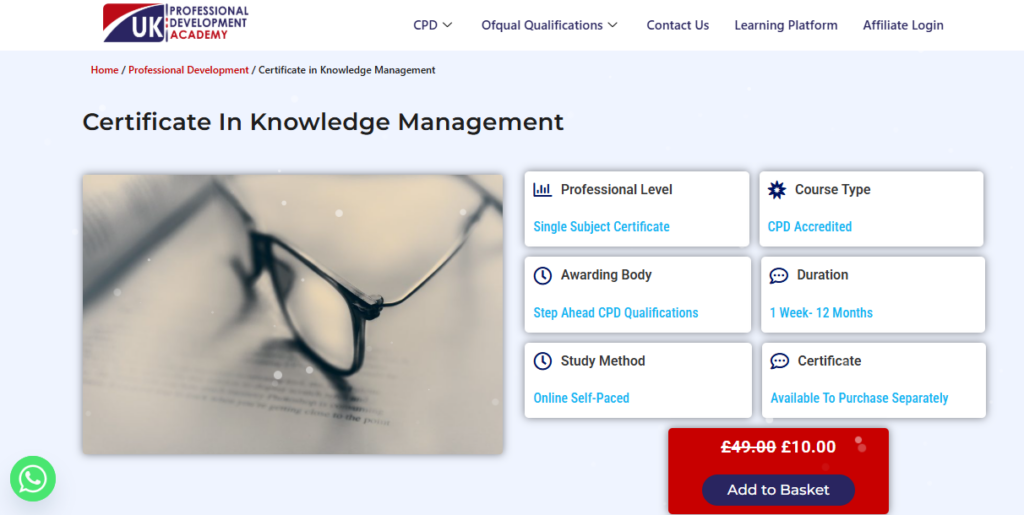 The Certificate In Knowledge Management landing page