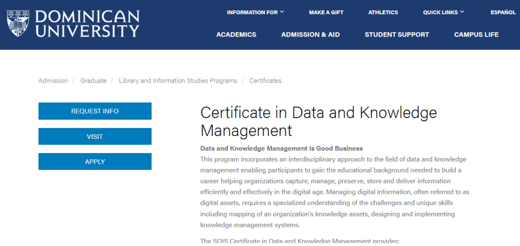 A screenshot of the landing page for the Certificate in Data and Knowledge Management