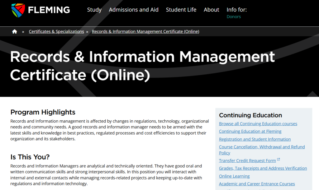 The Records & Information Management Certificate (Online) overview page