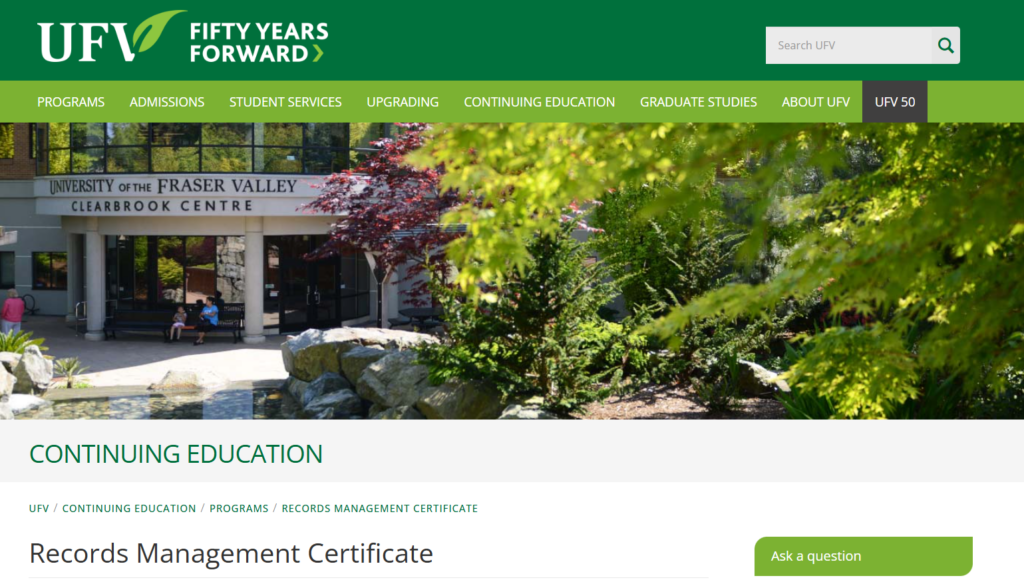 The Records Management Certificate landing page