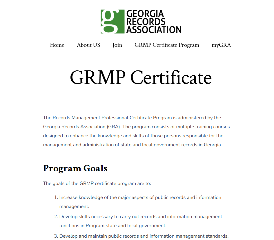 The GRMP Certificate overview page