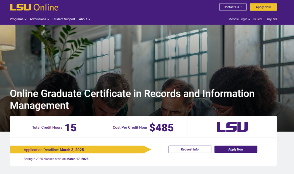 The Online Graduate Certificate in Records and Information Management application page