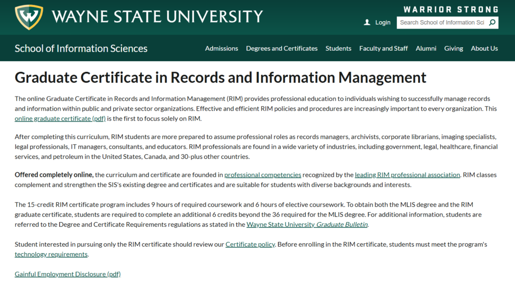 The Graduate Certificate in Records and Information Management overview page