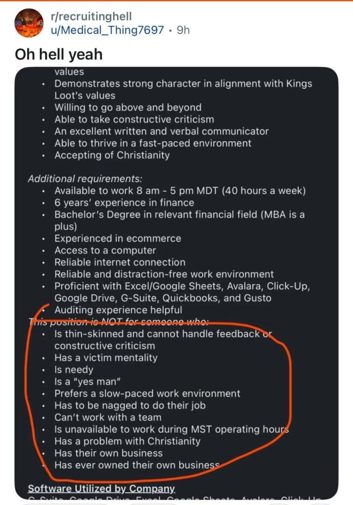 A screenshot of a Reddit post from a community called Recruiting Hell that shows a list of ridiculous job requirements.