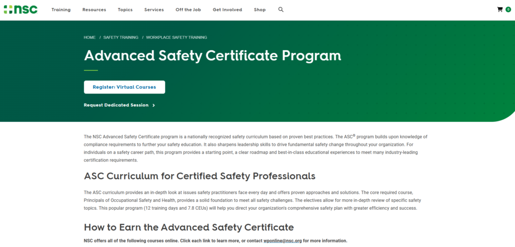The landing page of Advanced Safety Certificate Program