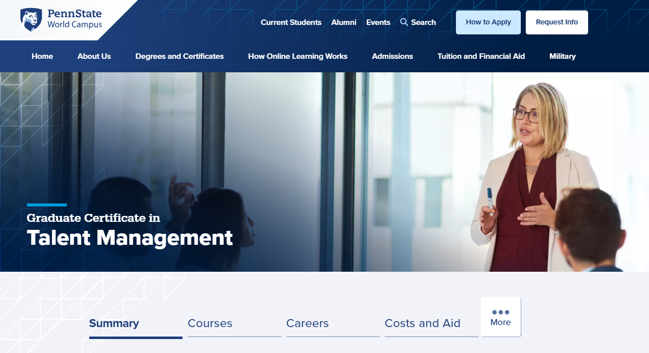a screenshot of Graduate Certificate in Talent Management (GCTM) landing page