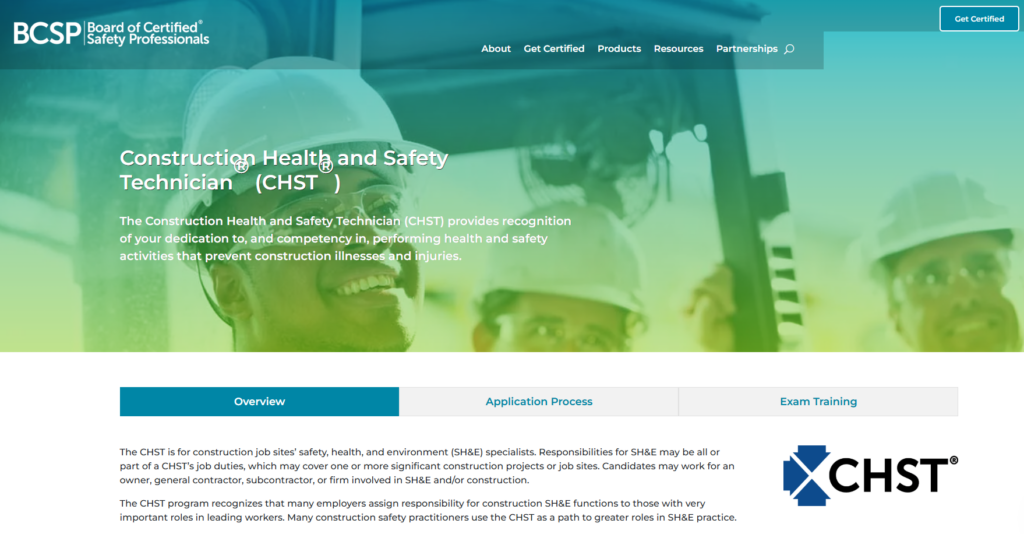 A screenshot of Construction Health and Safety Technician (CHST) certification