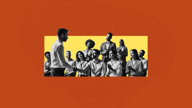 A leader speaks with a team of people and tries to build connection by shaking hands.