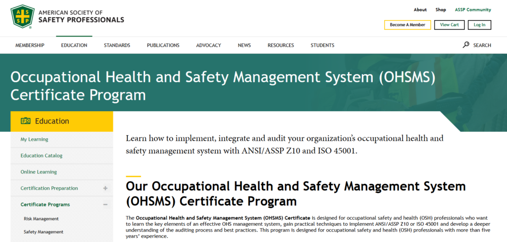 Occupational Health and Safety Management System (OHSMS) Certificate Program overview