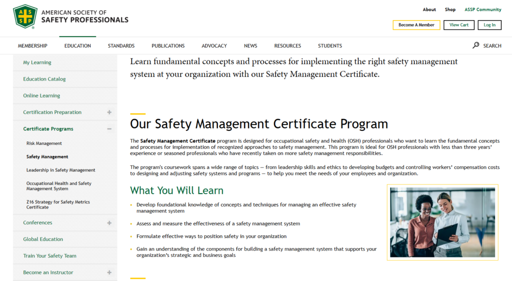 The landing page overview of Safety Management Certificate Program