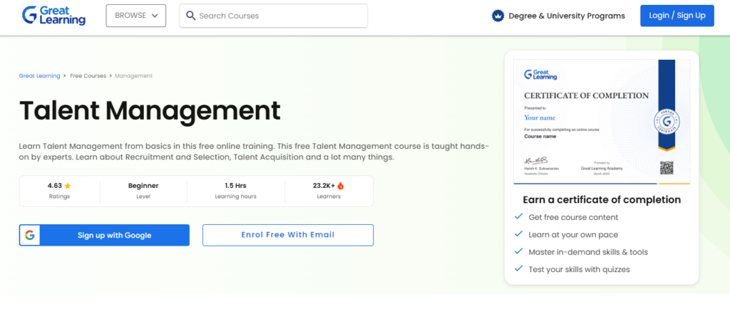 a landing page screenshot of Talent Management (TM)