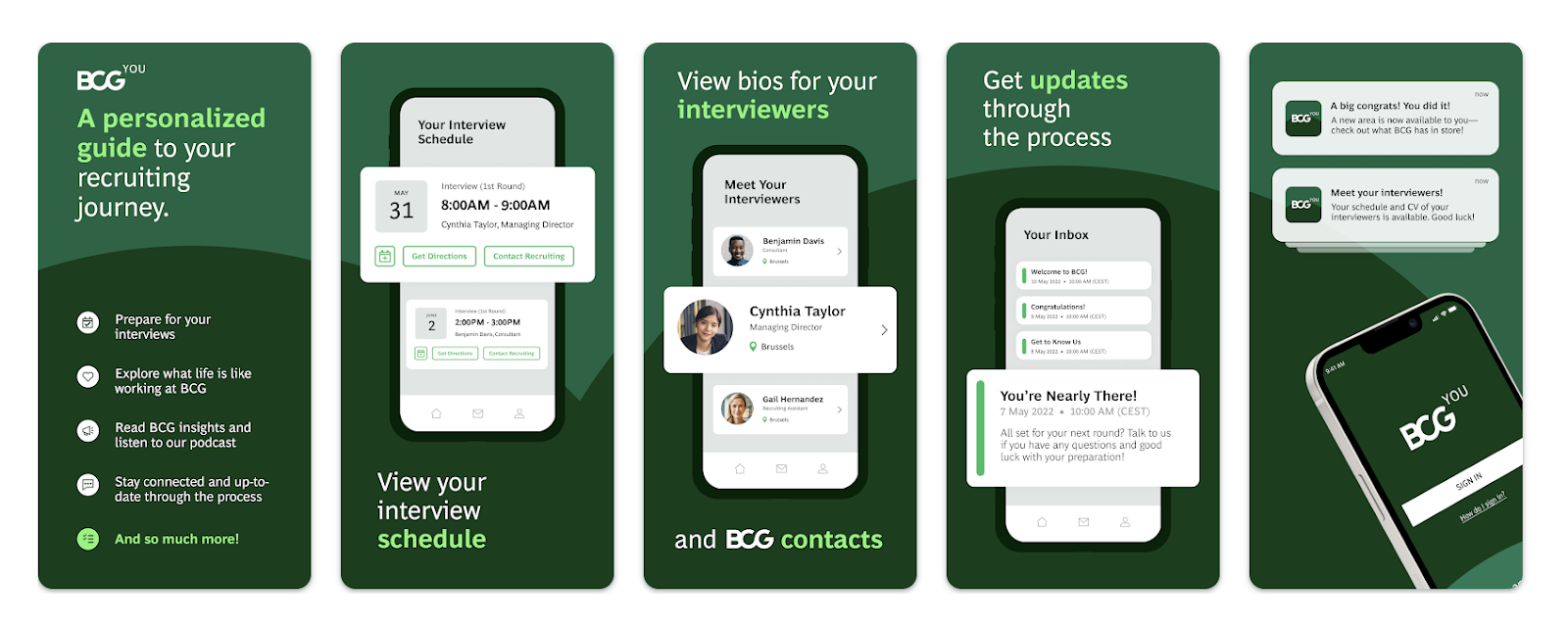 Screenshots of BCG's BCGYou App.