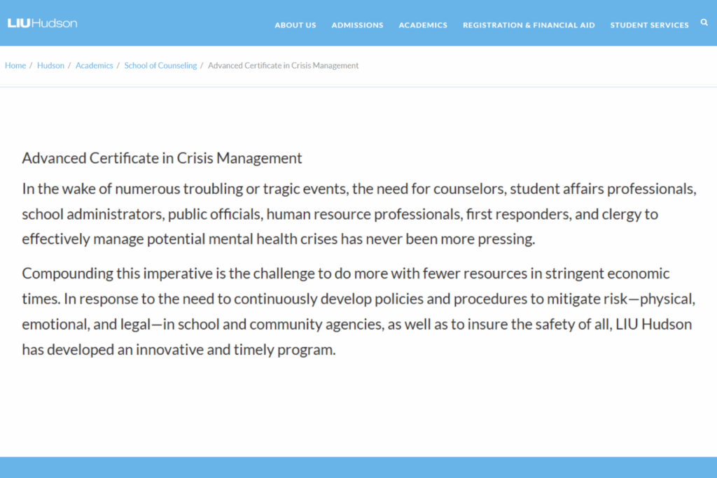 Advanced Certificate in Crisis Management website screenshot