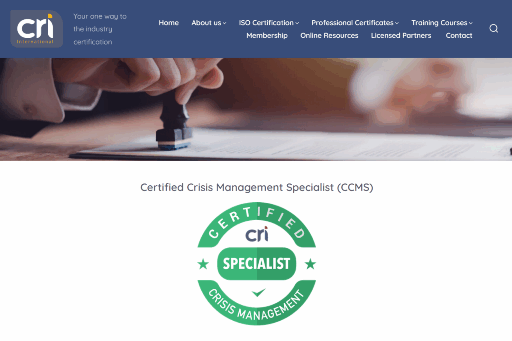 CCMS screenshot, a crisis management certification