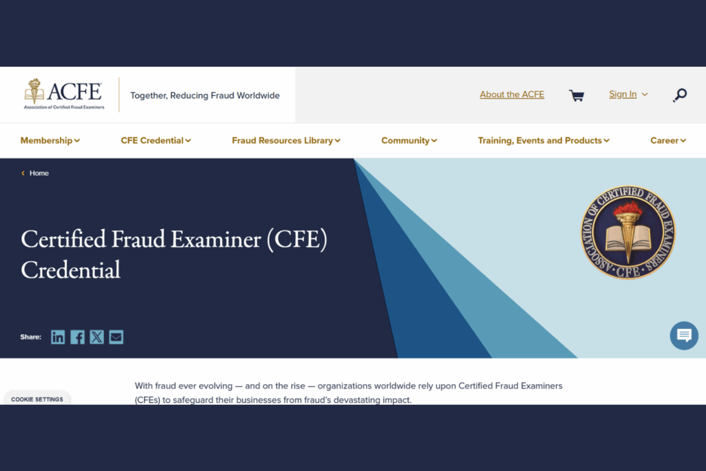 Certified Fraud Examiner certification landing page overview