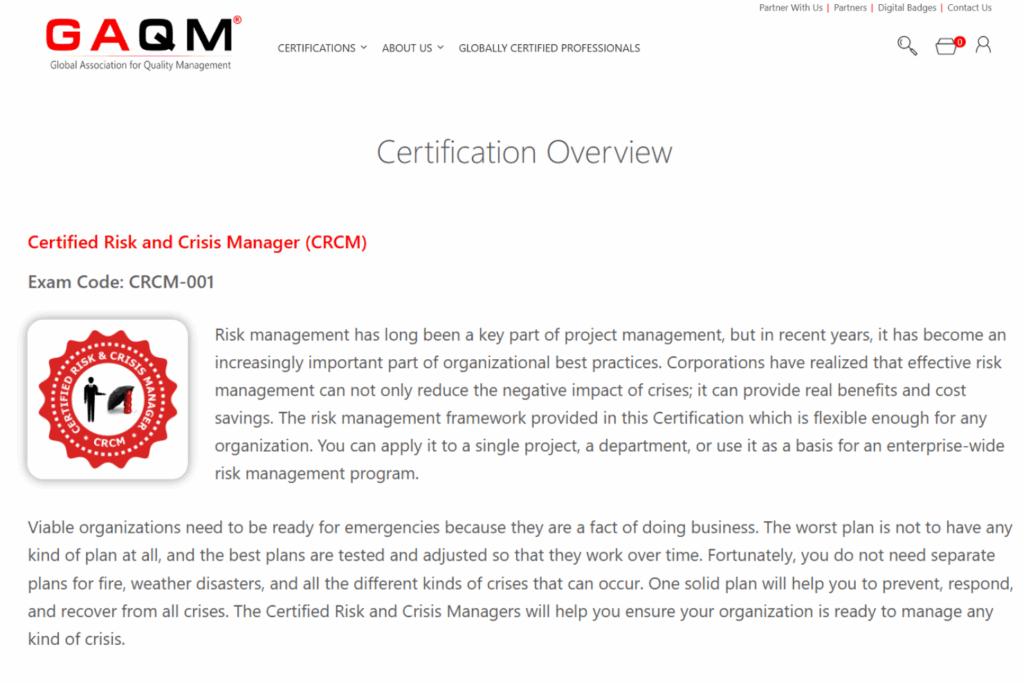 Screenshot of CRCM, a crisis management certification