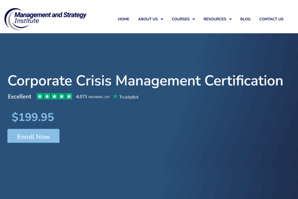 Corporate Crisis Management Certification web page screenshot