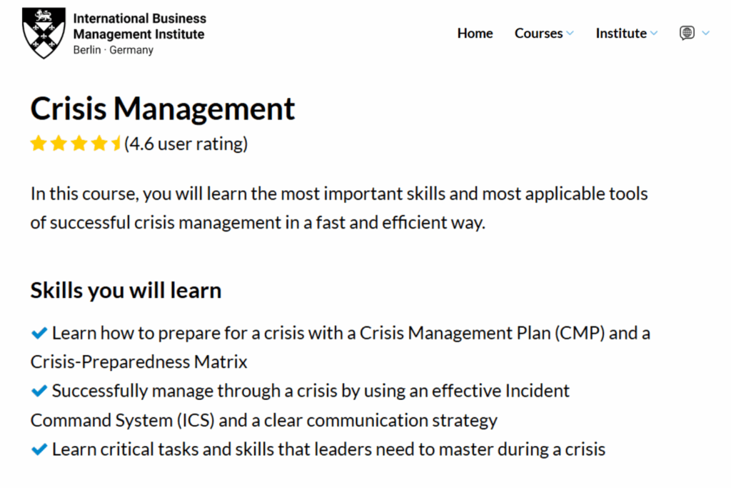 Screenshot of the Crisis Management certification website page