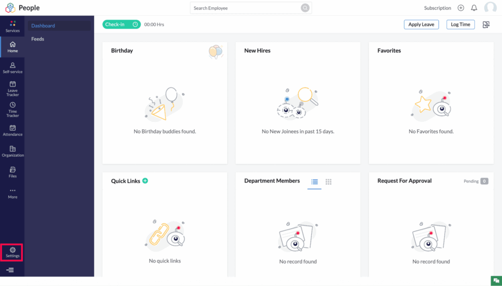 Zoho People home dashboard screenshot