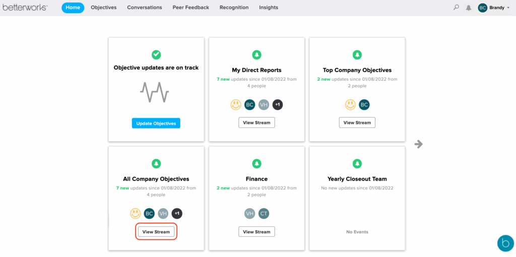 Betterworks home interface screenshot