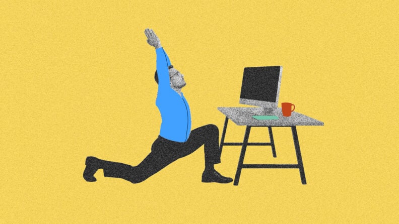Akamai's FlexBase program gives people the ability to chose their work experience. The image shows a worker doing yoga in front of their computer to imply flexibility.
